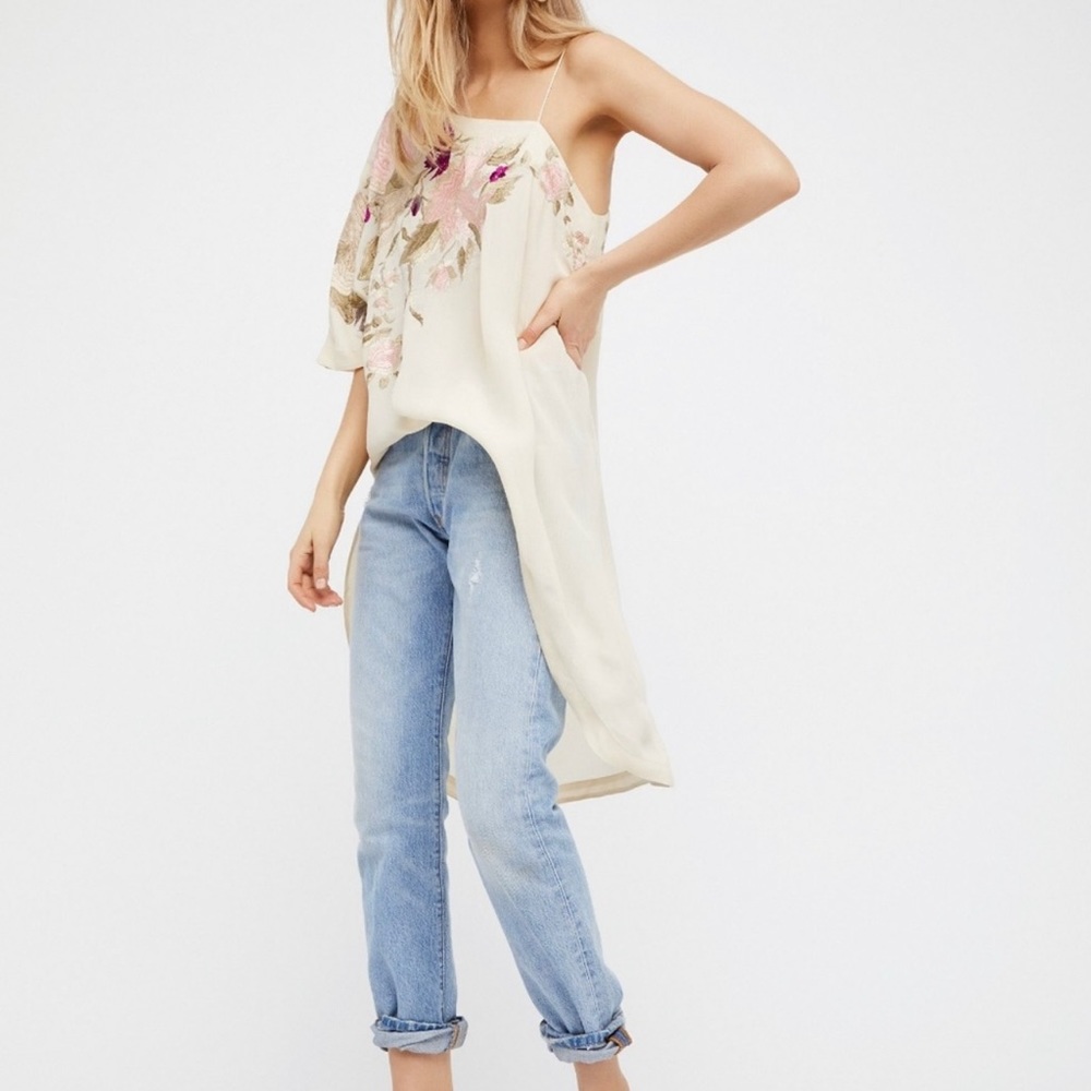 Free People Shanti Colorful Floral Embroidered Oversized Sheer Tunic size small